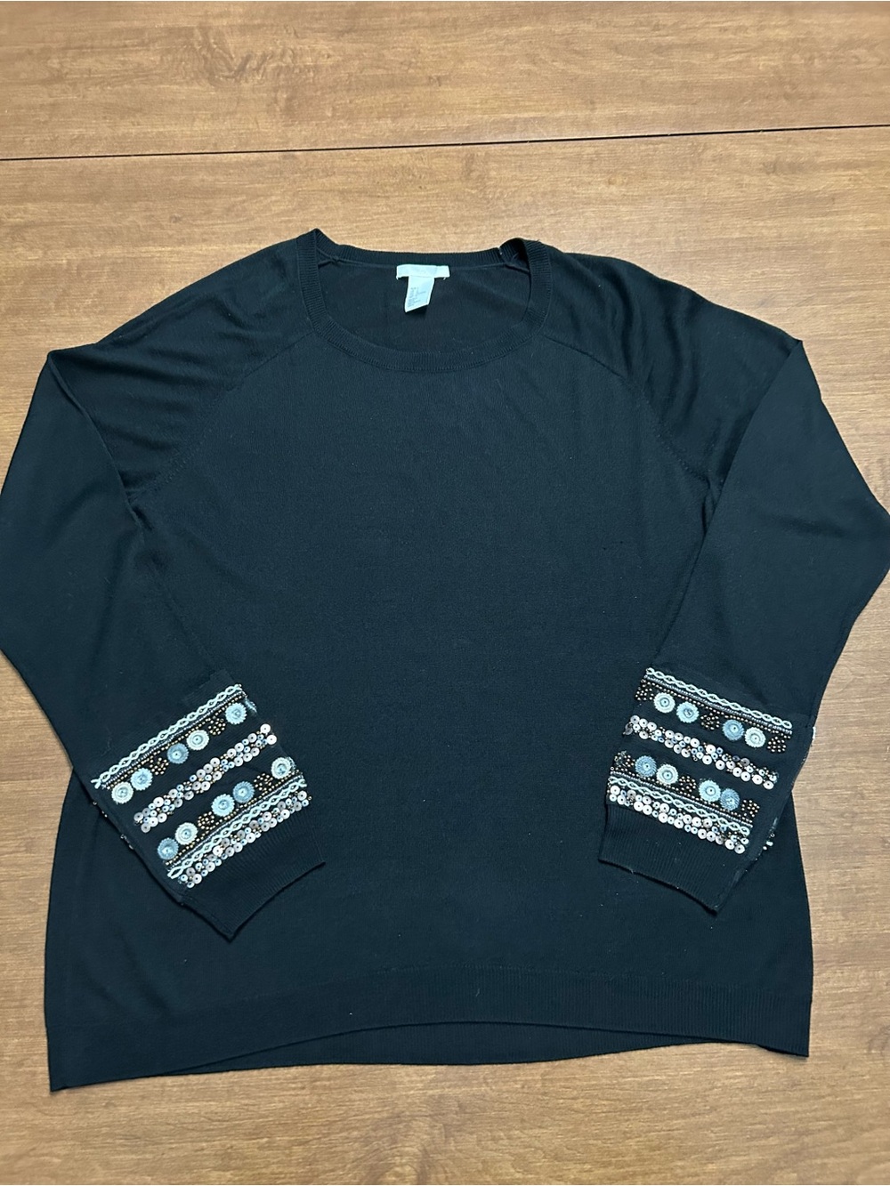 H&M Black Crewneck Sweater with Beaded and Sequin Cuffs